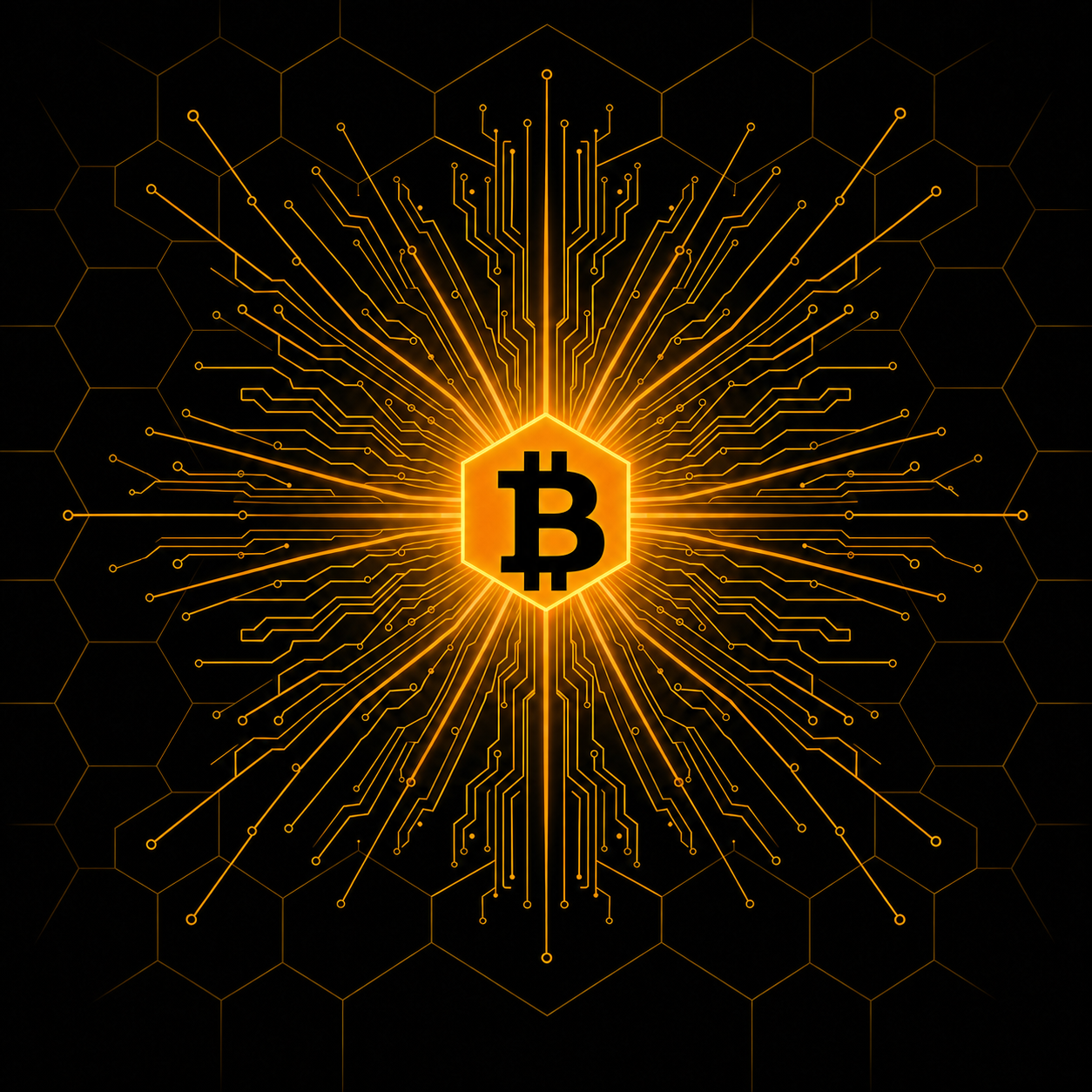 Abstract illustrative graphic of radiating orange sun rays and hexagonal circuit patterns, symbolizing solar-powered energy infrastructure. Decorative artwork, not a photo of an actual facility.
