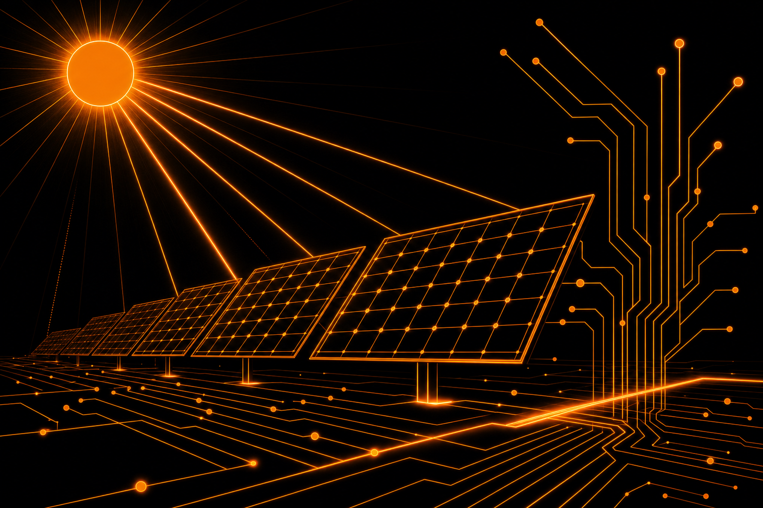 Abstract illustrative graphic of a stylized solar panel array with a radiant sun and orange circuit-line grid, symbolizing the contracted solar power arrangement. Decorative artwork, not a photo of the actual site.