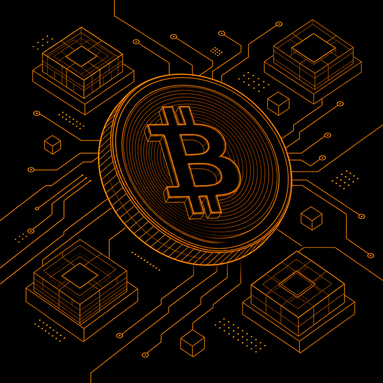 Abstract illustrative graphic of a geometric Bitcoin coin outline in orange line art surrounded by circuit-style blocks, symbolizing digital asset production. Decorative artwork, not a photo of actual mining hardware.