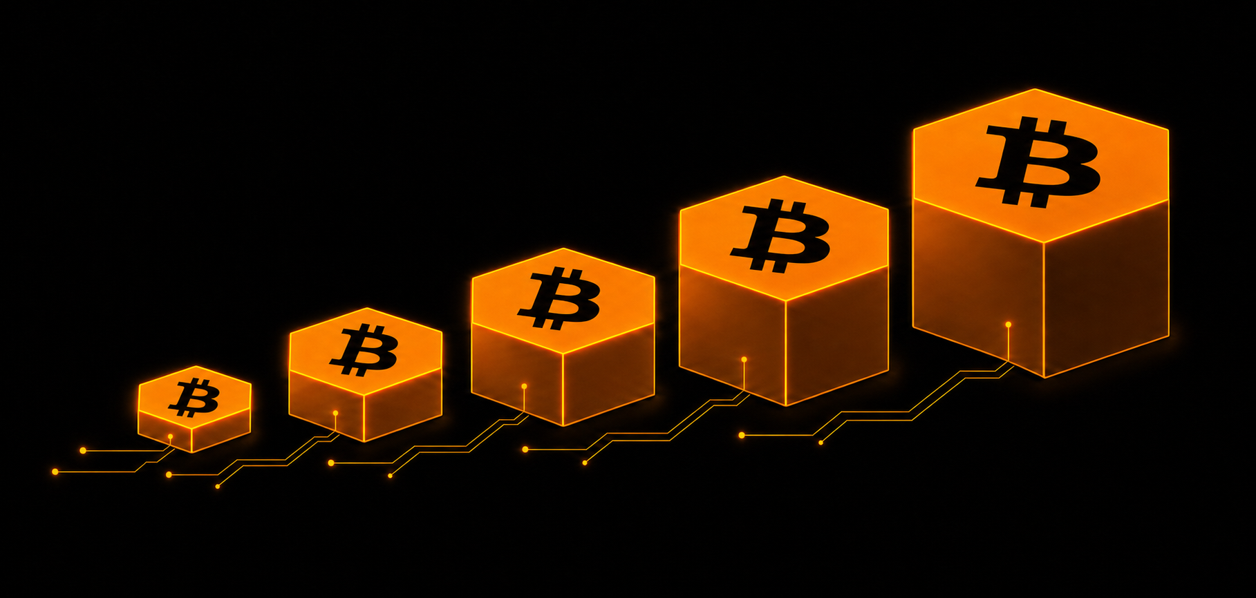 Abstract illustrative graphic of ascending orange geometric blocks of increasing size connected by circuit lines, symbolizing phased, staged growth. Decorative artwork, not a literal chart of actual results.